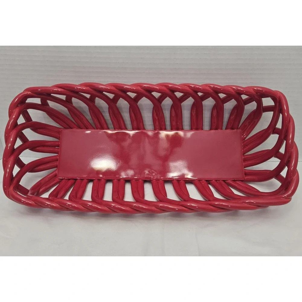 Pioneer Woman Bread Fruit Bowl Basket Stoneware Christmas Red Open Weave Lattice